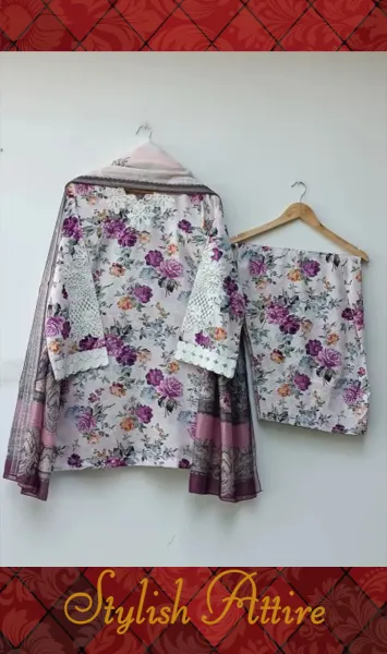 Original Pakistani Textured Lawn with Farshi Salwar. Brand: Sahiba's By Mirza  _ Off White & Purple 